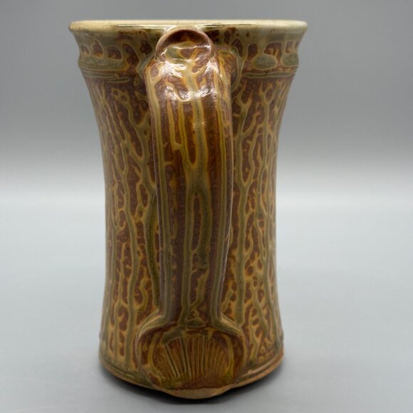 Handmade Studio Pottery Large Mug Textured Bark Glaze Artisan Stoneware 16oz - Picture 3 of 8